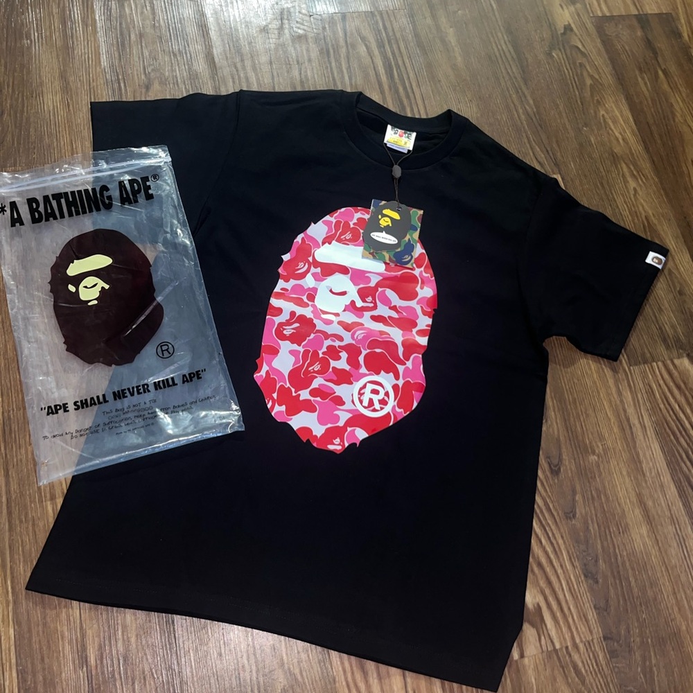 Bape Black Tee with Red and Pink Camo Ape Head